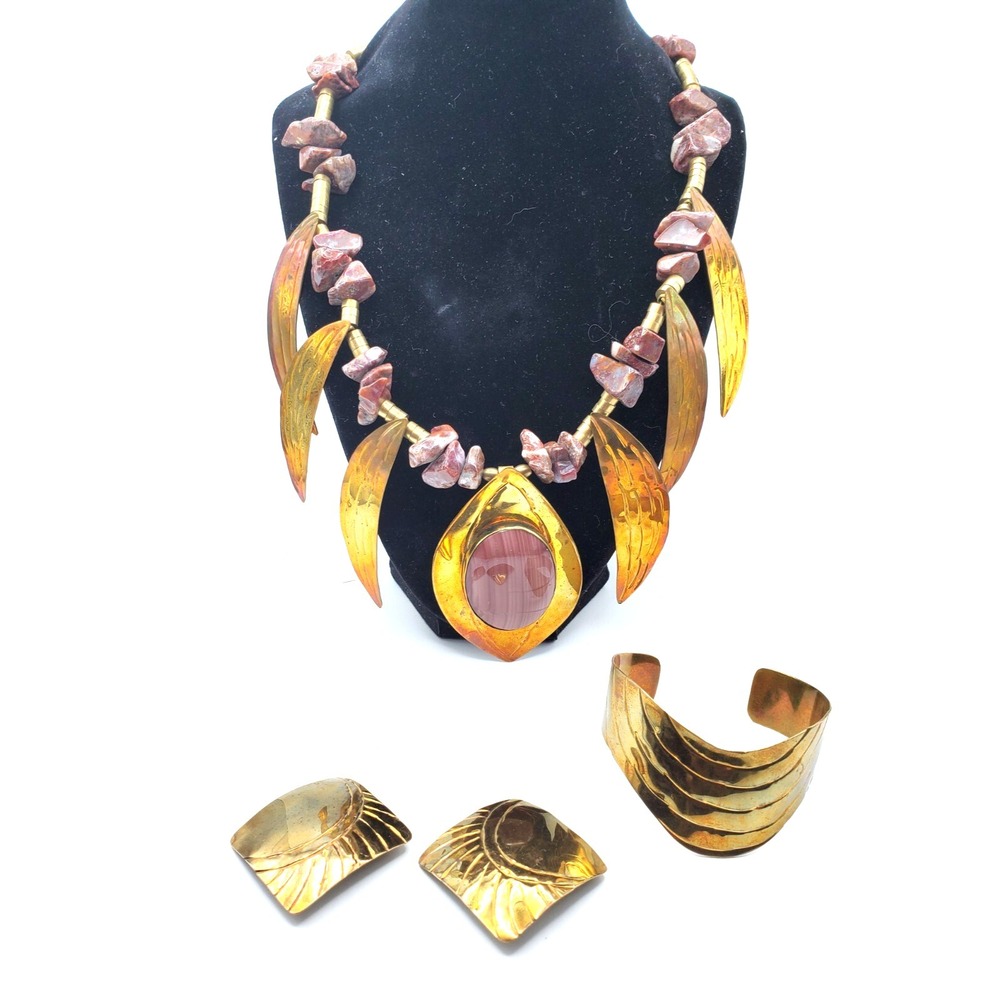 Vintage Artisan Purple Stone & Metal 4 Piece Necklace Cuff Bracelet Earrings